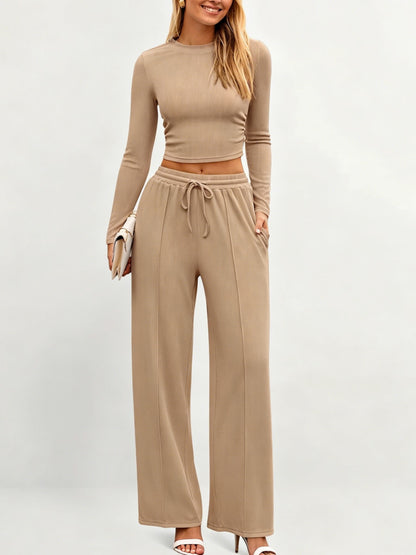 Women's Stretch Co-ord Set – Mock Neck Cropped Top & High Waist Wide Leg Pants