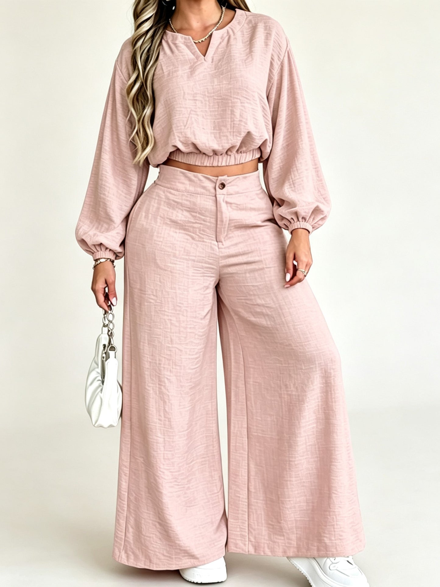 Women's Elastic Cuff Crop Top Wide Leg Trousers Matching Set