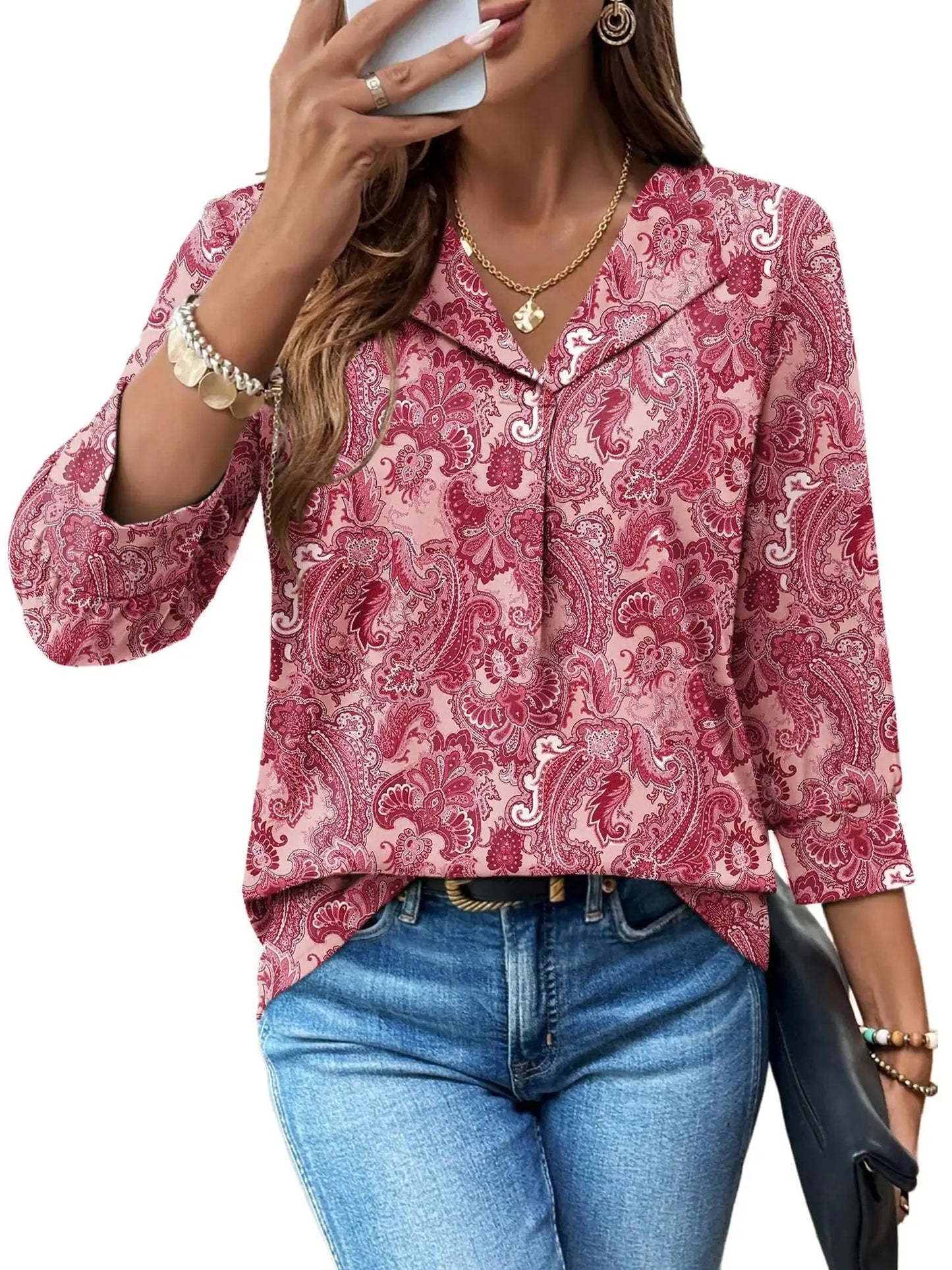 Summer Loose 3/4 Sleeve Printed Dressy Blouse
