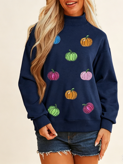 Women's Sequin Pumpkin Mock Neck Fall Sweatshirt