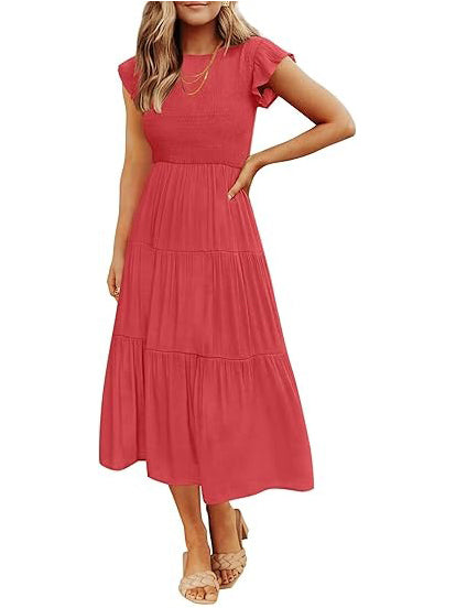 Women's Smocked Tiered Flutter Sleeve Midi Dress