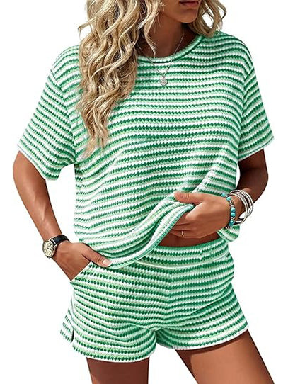 Women's Knit Striped 2 Piece Short Set