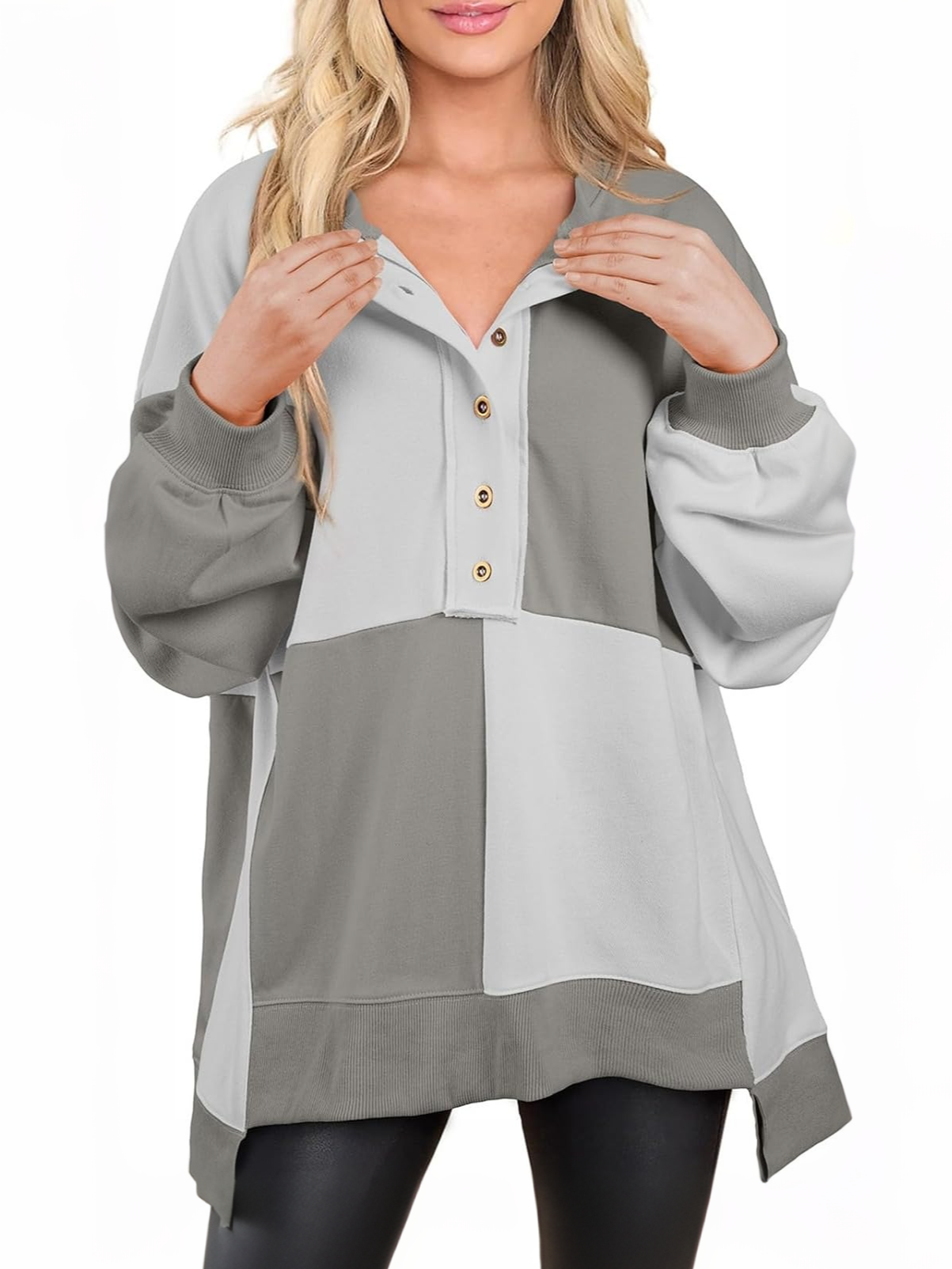 Women's Oversized Button‑Down Patchwork Pullover