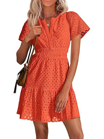 Women's V Neck Smocked Waist Eyelet Dress