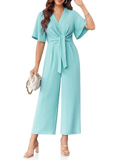 Women's Chic Tie-Front V-Neck Short Sleeve Jumpsuit
