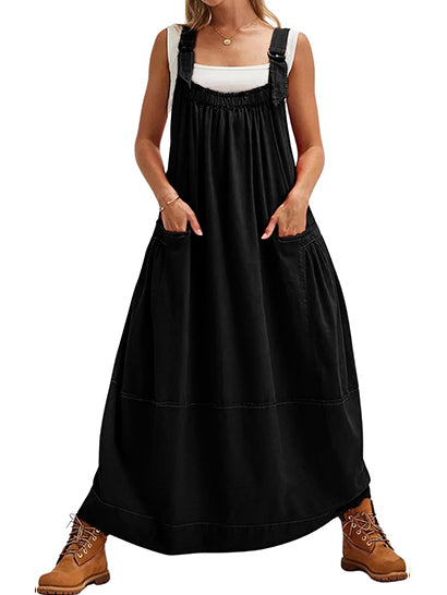 Adjustable Strap Barrel Overall Dress with Pockets