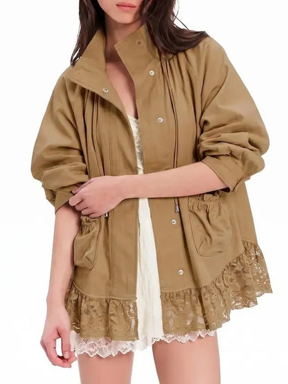 Women's Casual Lace Hem Stand Collar Jacket