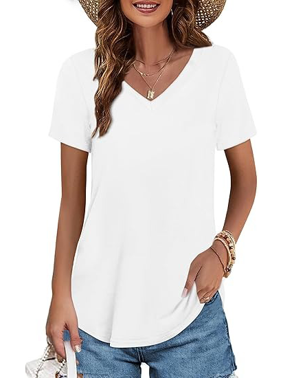 Women's V-neck Short Sleeve Curved Hem Tee Top (Buy 3 Free Shipping)