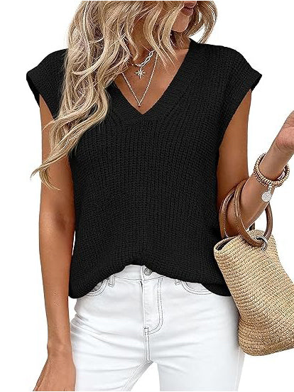 Women's V-Neck Knit Cap Sleeve Sweater Vest