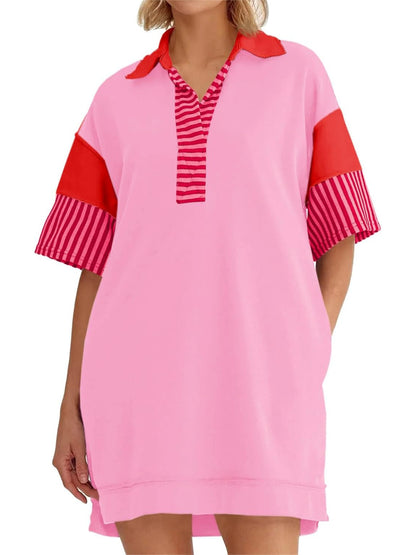 Women's Striped Colorblock Polo Collar Casual Dress