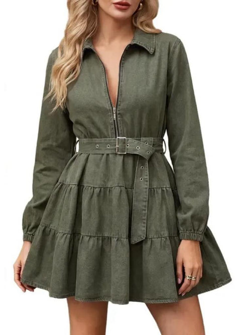 Women's Zip‑Up Long Sleeve Tiered Denim Dress