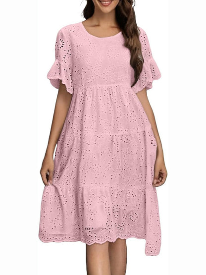 Eyelet Flutter Sleeve Tiered Midi Dress