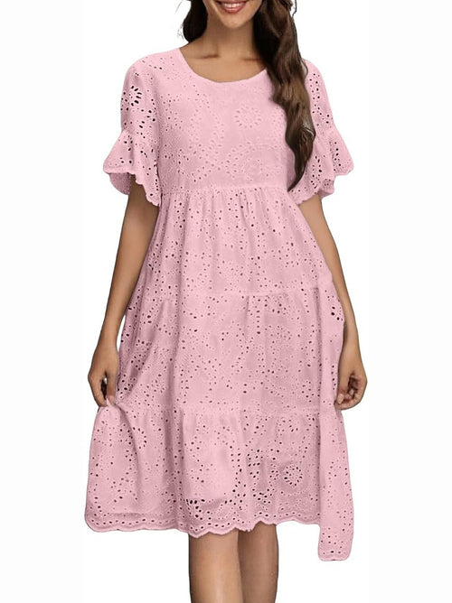 Eyelet Flutter Sleeve Tiered Midi Dress