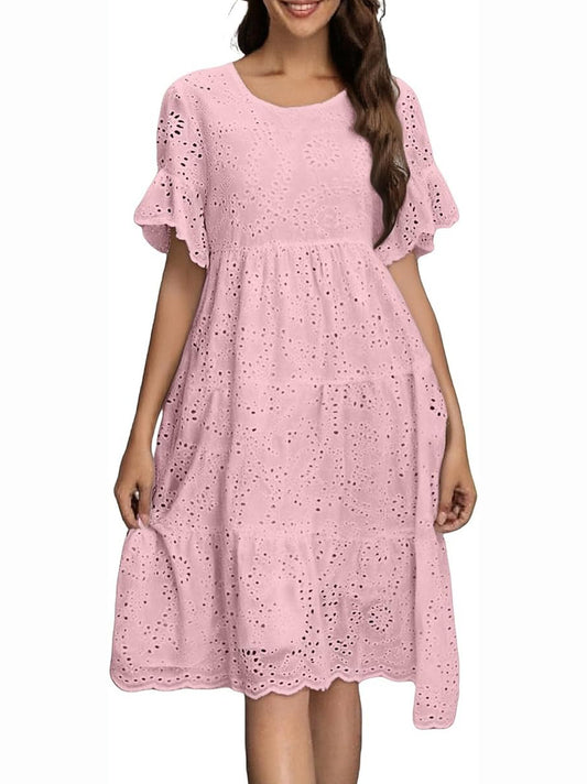 Eyelet Flutter Sleeve Tiered Midi Dress