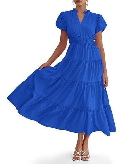 Women's Casual Ruffle V-Neck Smocked Waist Midi Dress