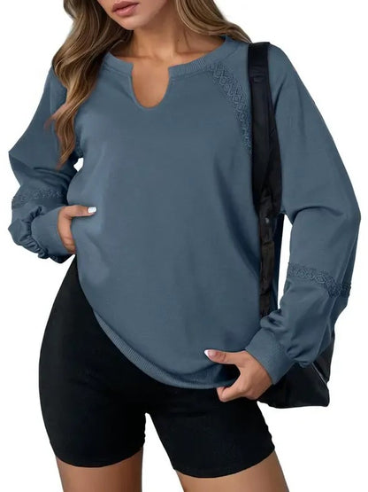 Women's Notch Neck Lace Patchwork Raglan Sweatshirt