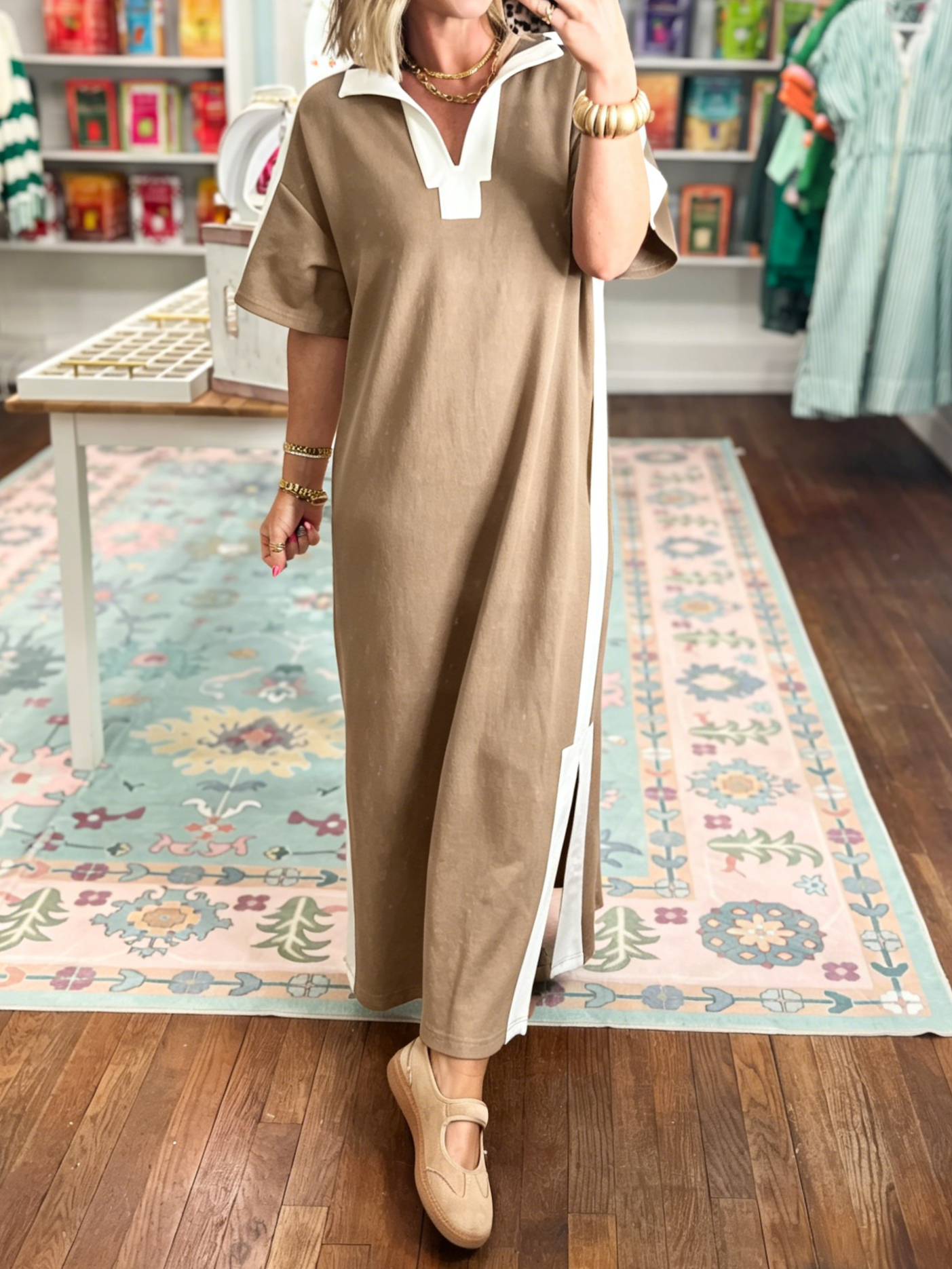 Women's Color Block V-Neck Slit Maxi Dress