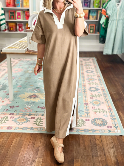 Women's Color Block V-Neck Slit Maxi Dress