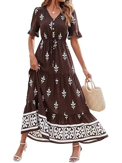 Women's Spring Casual Floral Print Tiered Maxi Dress