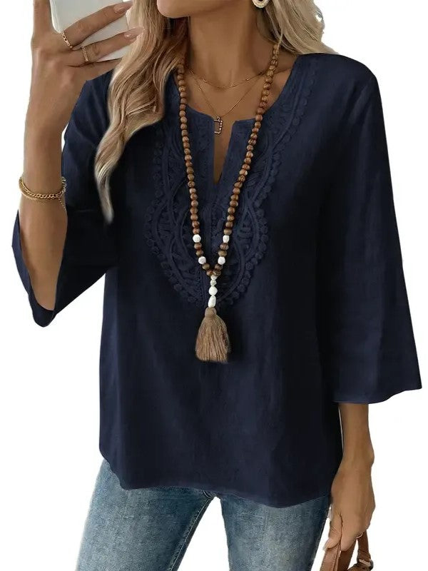 Women's Split V Neck Roll Sleeve Casual Boho Blouse