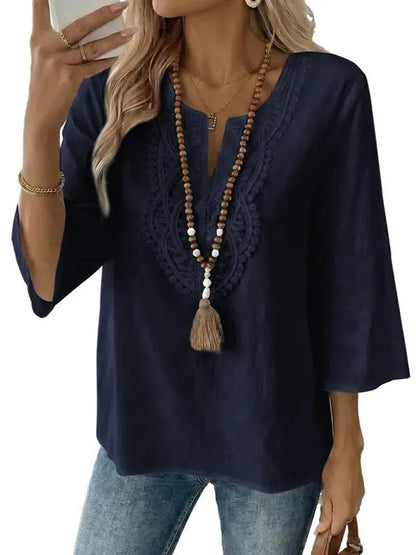 Women's Split V Neck Roll Sleeve Casual Boho Blouse