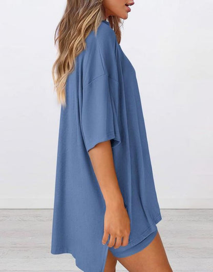 Women's Round Neck Side Slit Short Sleeve Top Tight Shorts Set