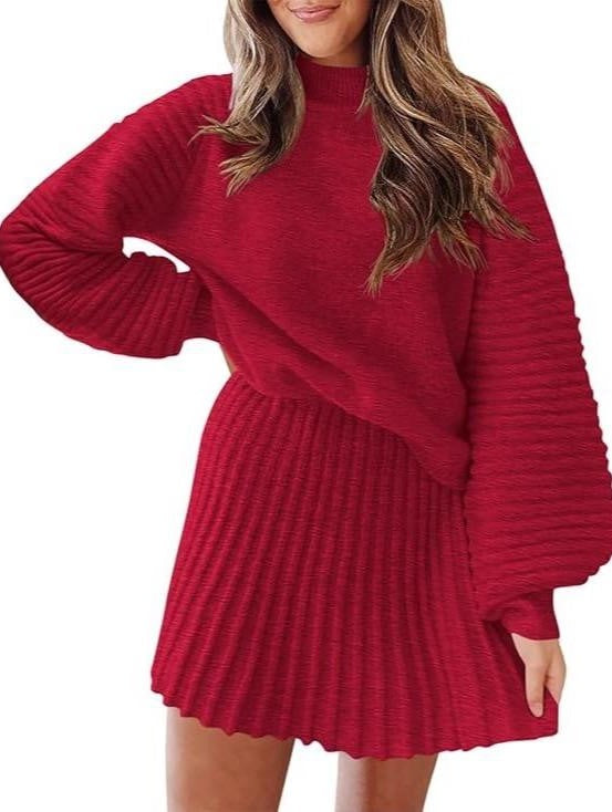Women's Ribbed Sweater Two Piece Skirt Sets