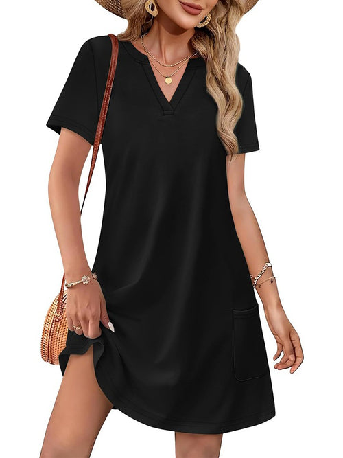 Women's Solid Color V Neck Dress with Two Pockets