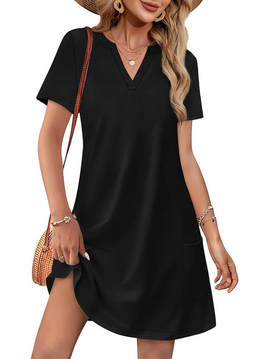 Women's Solid Color V Neck Dress with Two Pockets