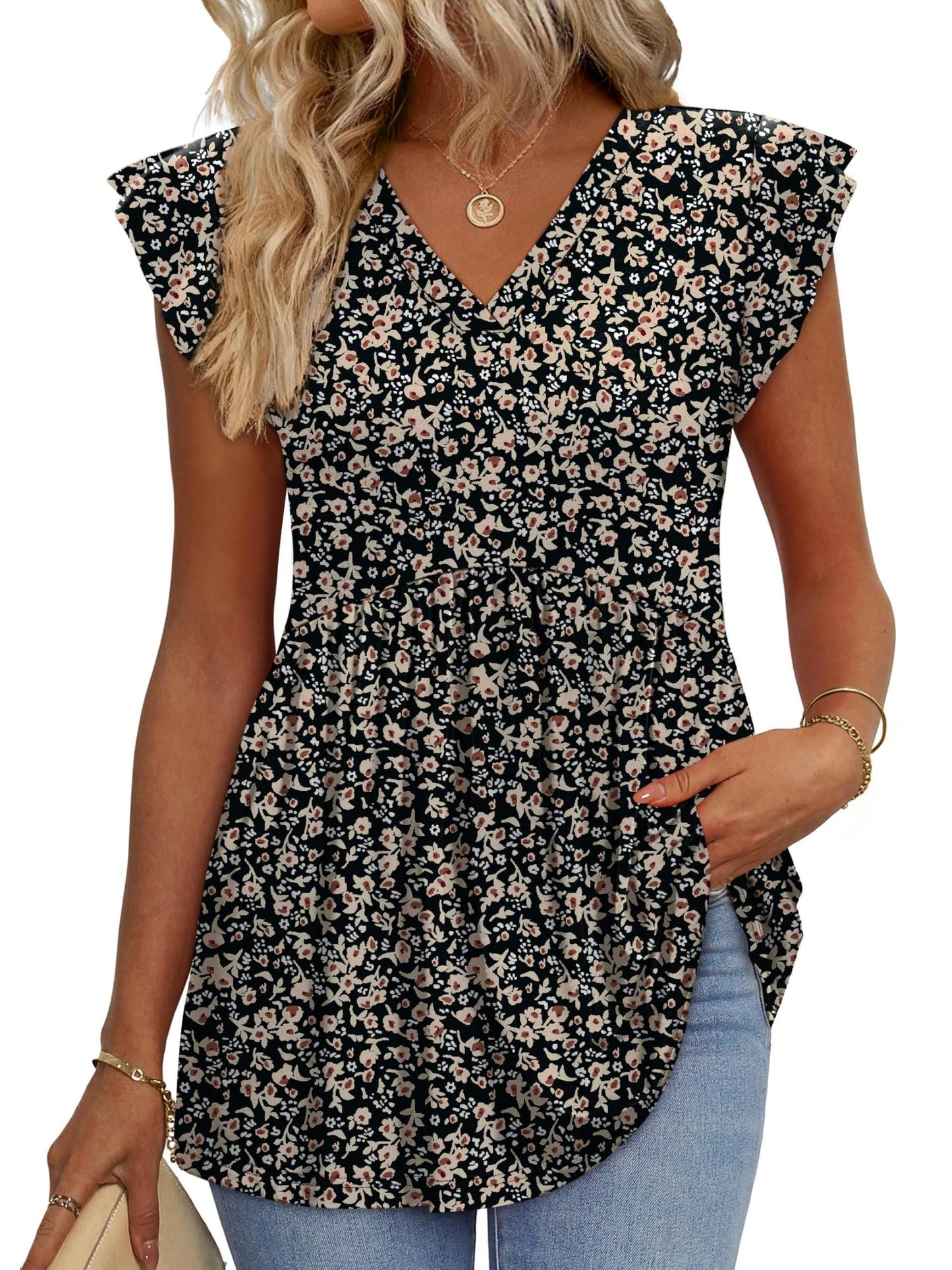 Casual Summer V-Neck Ruffle Sleeve Babydoll Shirt