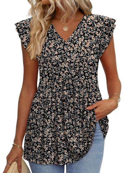 Casual Summer V-Neck Ruffle Sleeve Babydoll Shirt