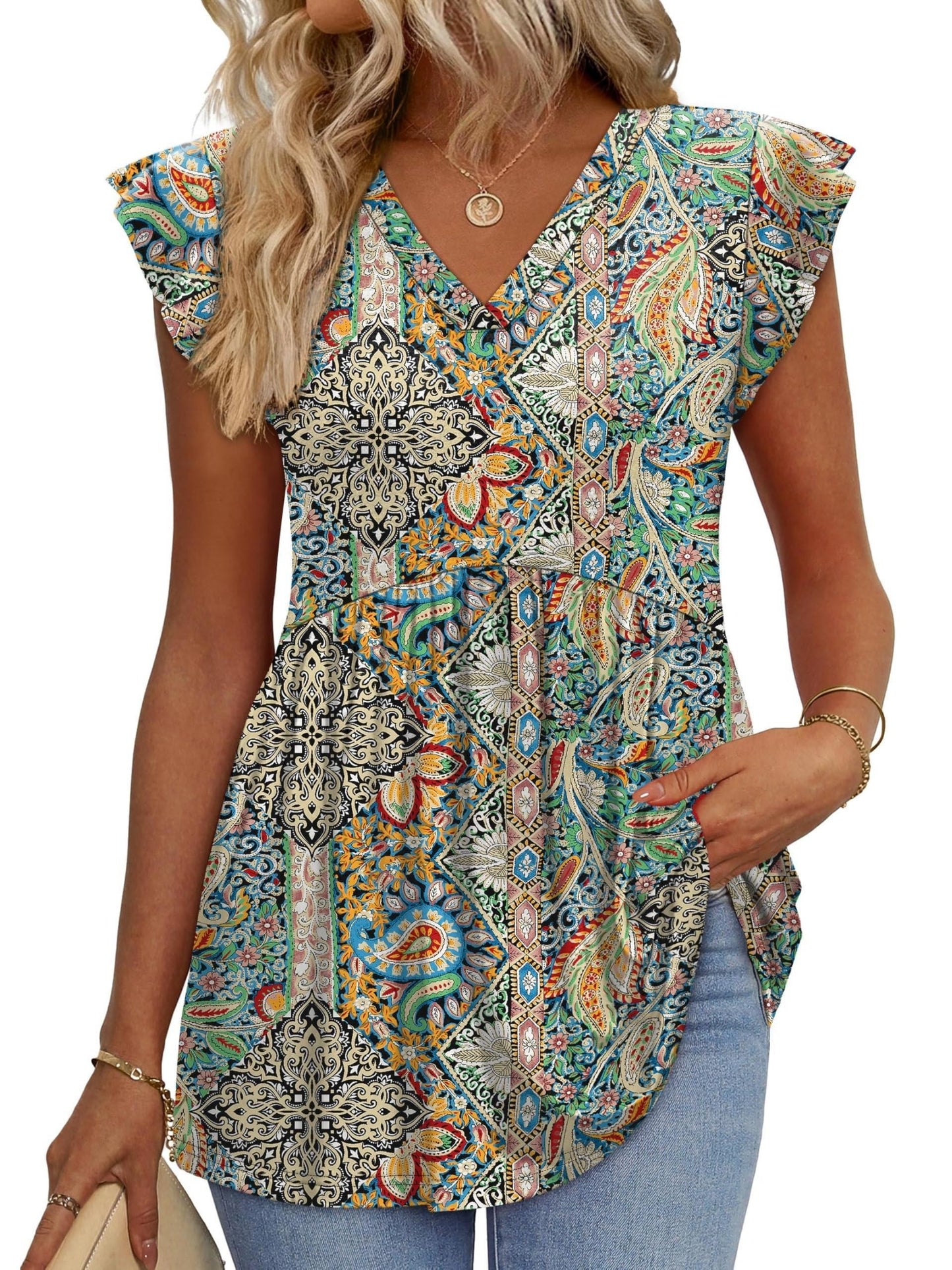 Casual Summer V-Neck Ruffle Sleeve Babydoll Shirt