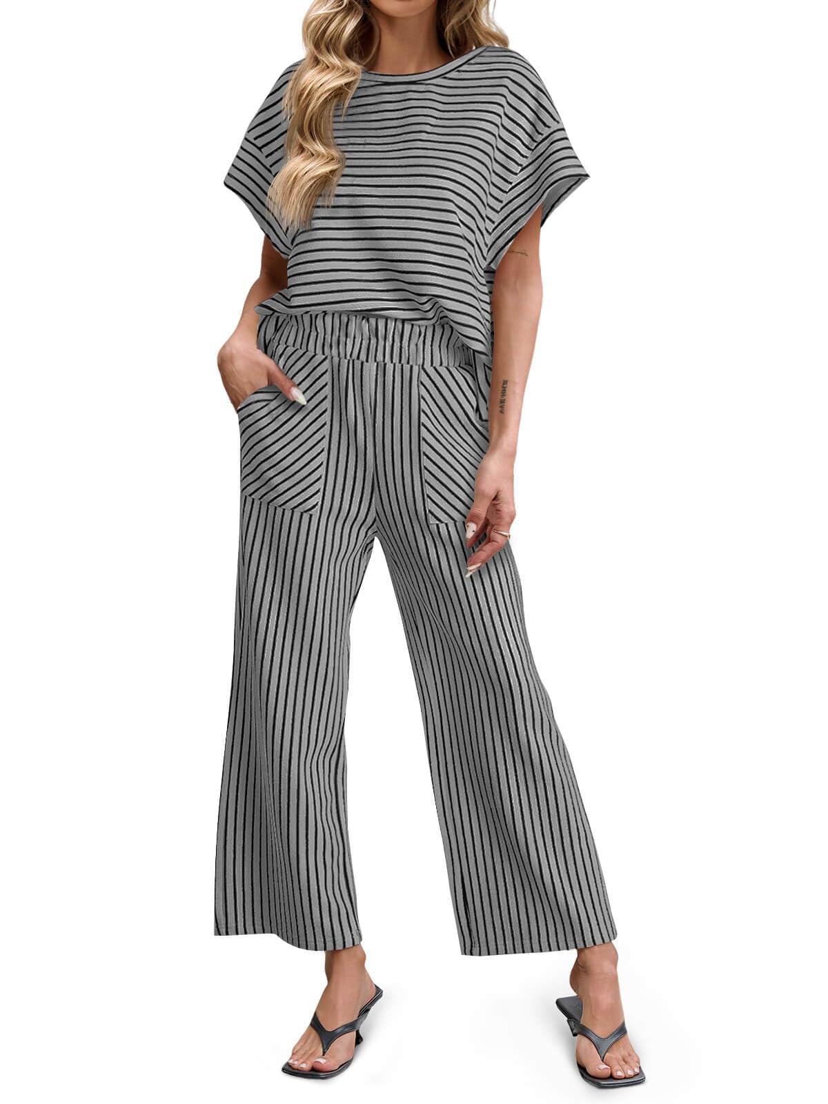 Striped Short Sleeve T-Shirts Wide Leg Pants Two Piece Set (Buy 2 Free Shipping)