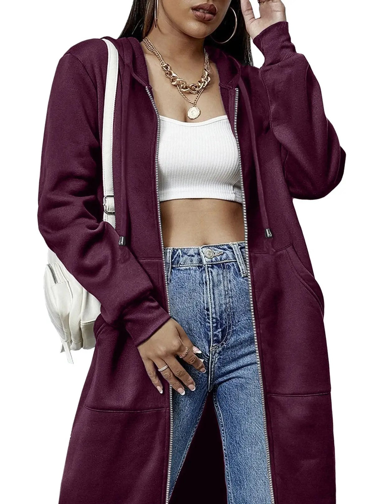 Women's Casual Long Hooded Zip Up Jacket