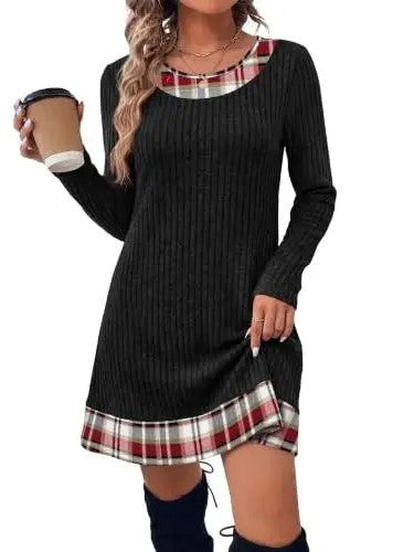 Women's Knit Textured Contrast Collar Tunic Dress