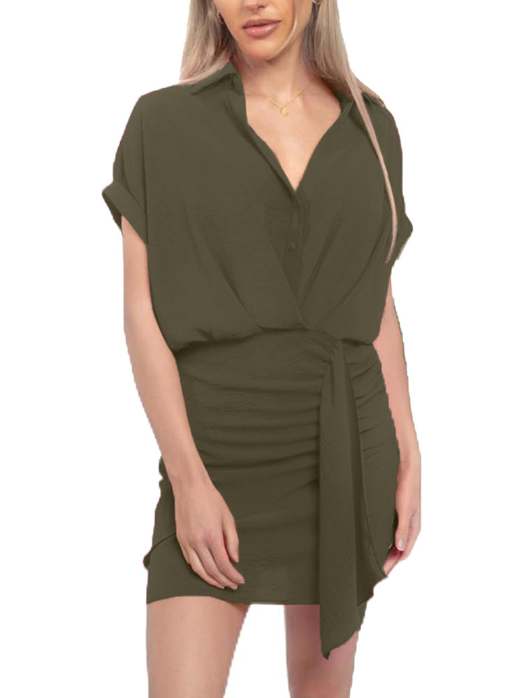 Women's V Neck Shirt Wrap Dress with Ruched Detail