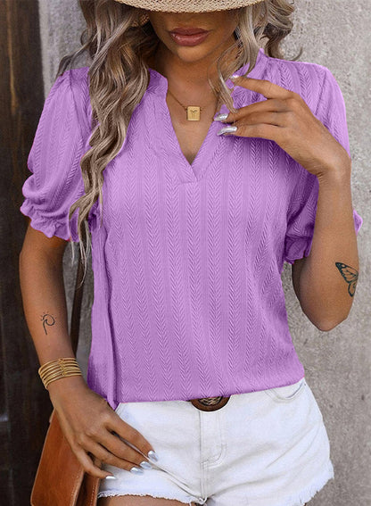 Women's V-Neck  Puff-Sleeve Textured Knit Top
