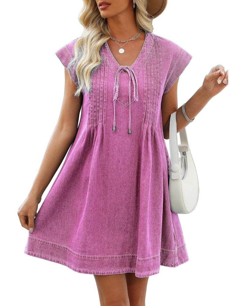 Women's V-neck Pleated Denim Dress with Pockets
