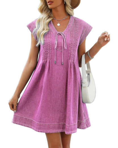 Women's V-neck Pleated Denim Dress with Pockets