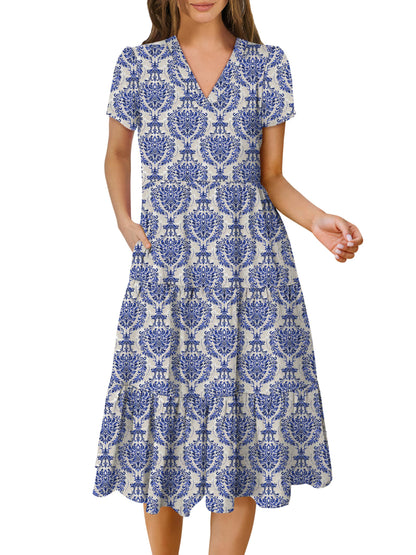 Women's Summer Casual Short Sleeve V Neck Tiered Midi Dress