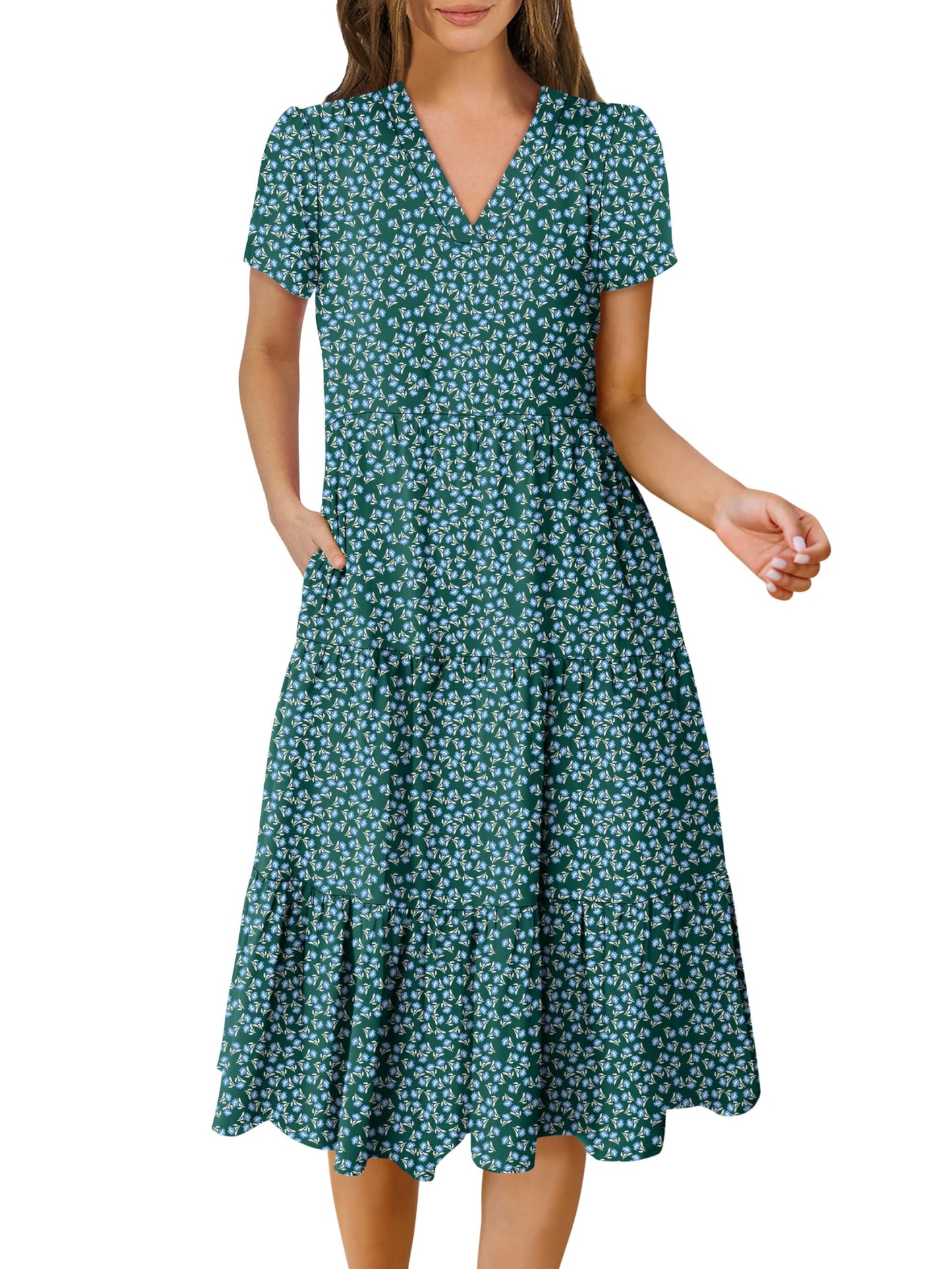 Women's Summer Casual Short Sleeve V Neck Tiered Midi Dress