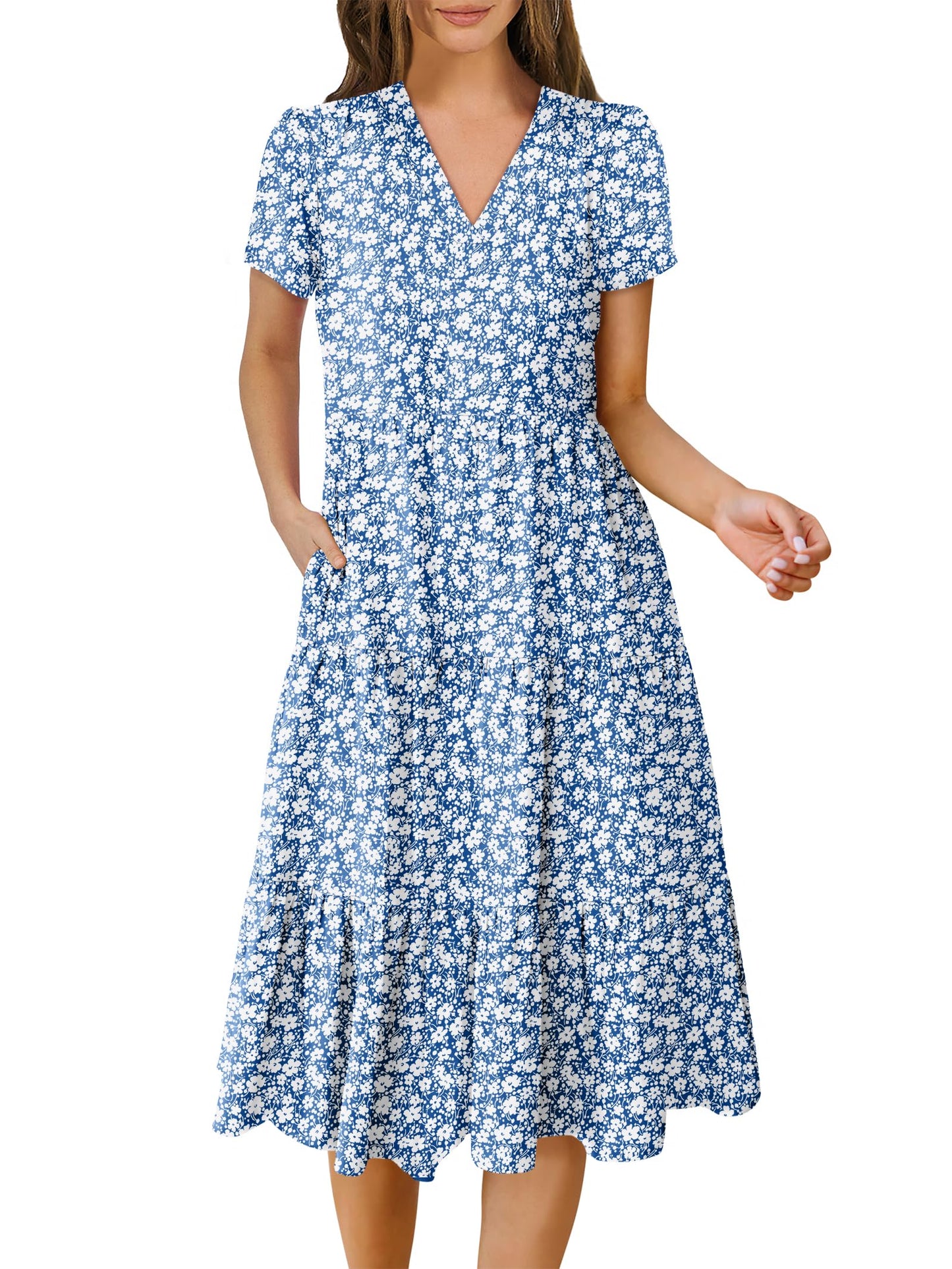 Women's Summer Casual Short Sleeve V Neck Tiered Midi Dress