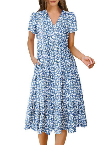 Women's Summer Casual Short Sleeve V Neck Tiered Midi Dress