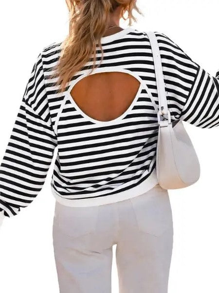Women's Fall Striped Back Cutout Oversized Sweatshirt
