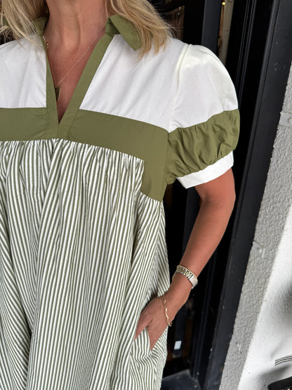Women's V Neck Puff Sleeve Striped Shirt Dress
