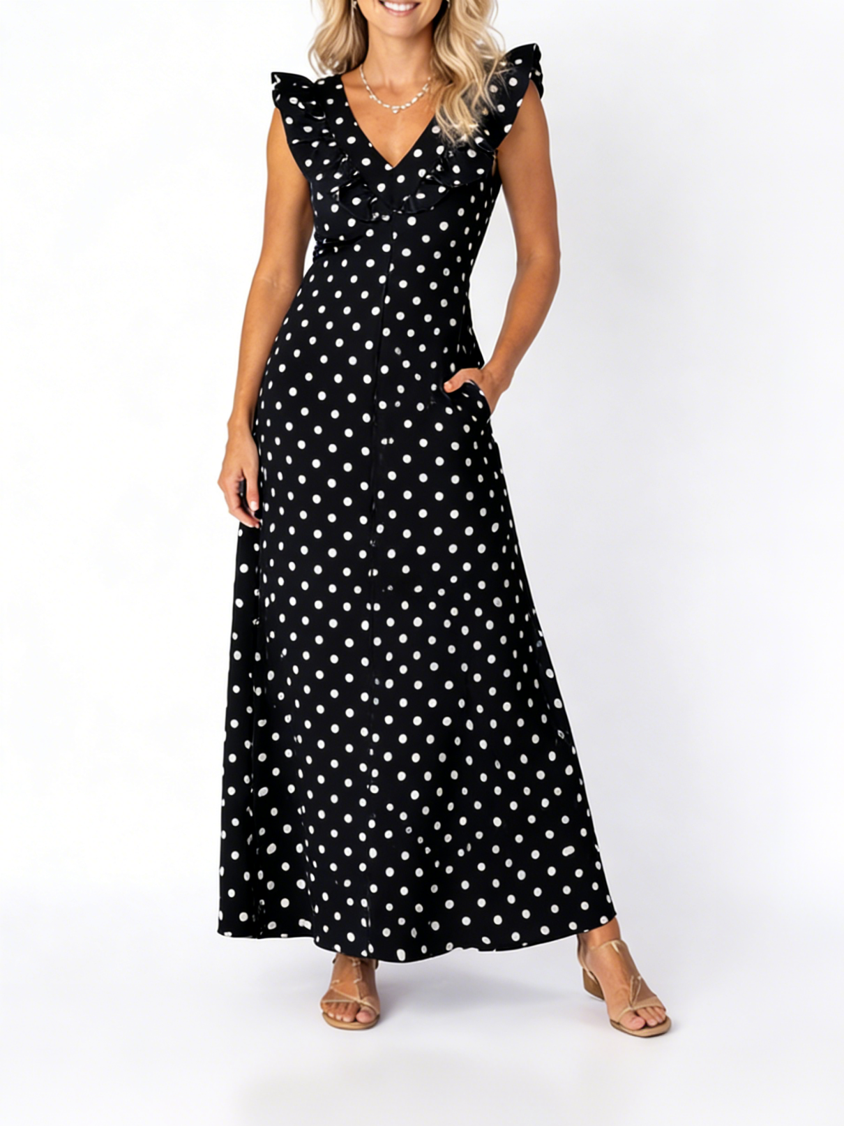 Women's Flutter Sleeve V-Neck Polka Dot Maxi Dress