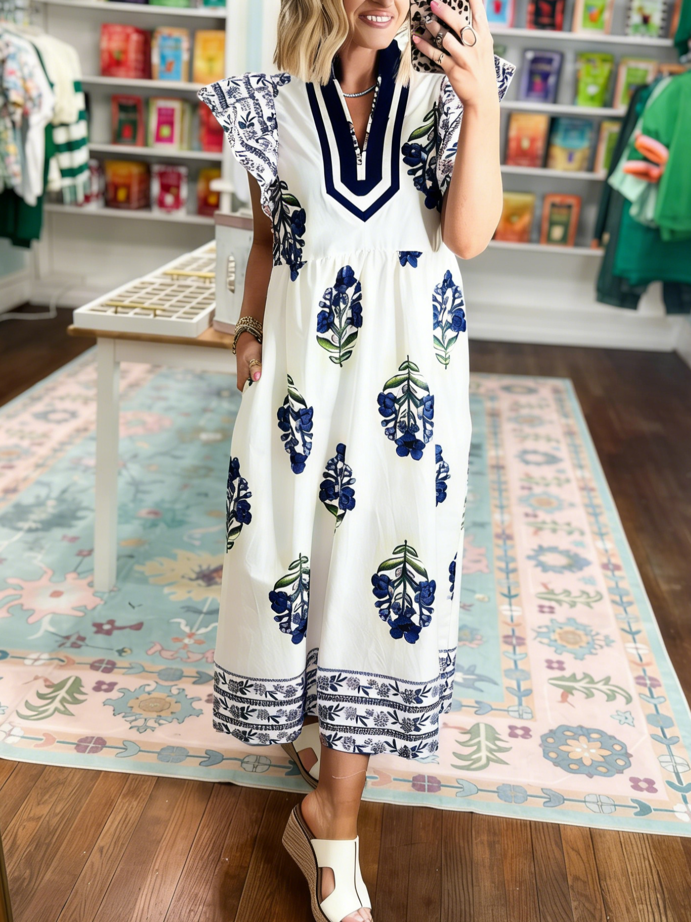Women's Boho Floral Ruffle Sleeve Maxi Dress