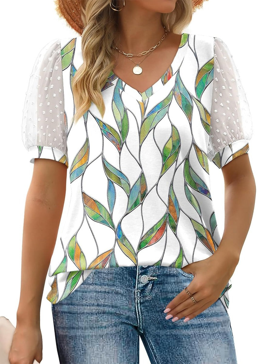 Women's Swiss Dot Puff Sleeve Floral Casual Top
