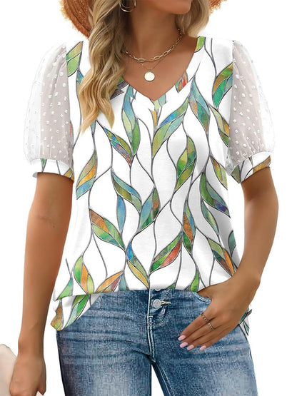 Women's Swiss Dot Puff Sleeve Floral Casual Top