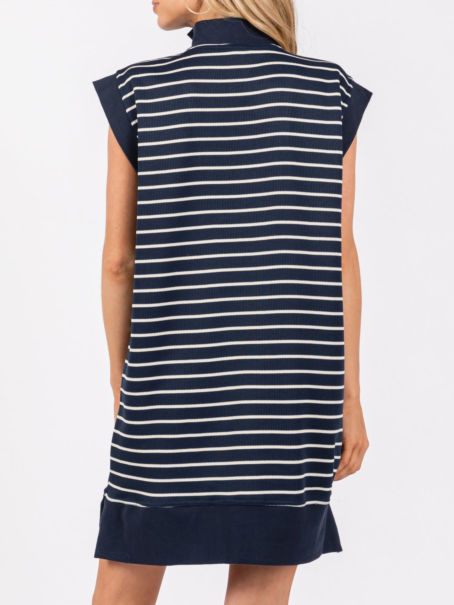 Women's Striped Knit Cap Sleeve Half-Zip Mini Dress